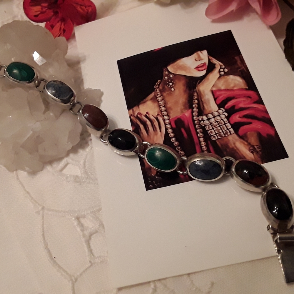 Vtg. 925 Solid Sterling Multi-Gemstone Bracelet 8" - image 8